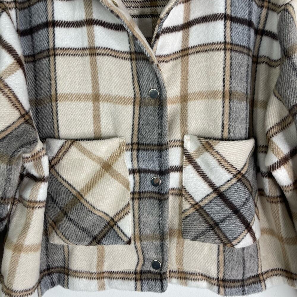 For the Republic tan grey cream plaid cropped preppy lightweight jacket large - Picture 3 of 7
